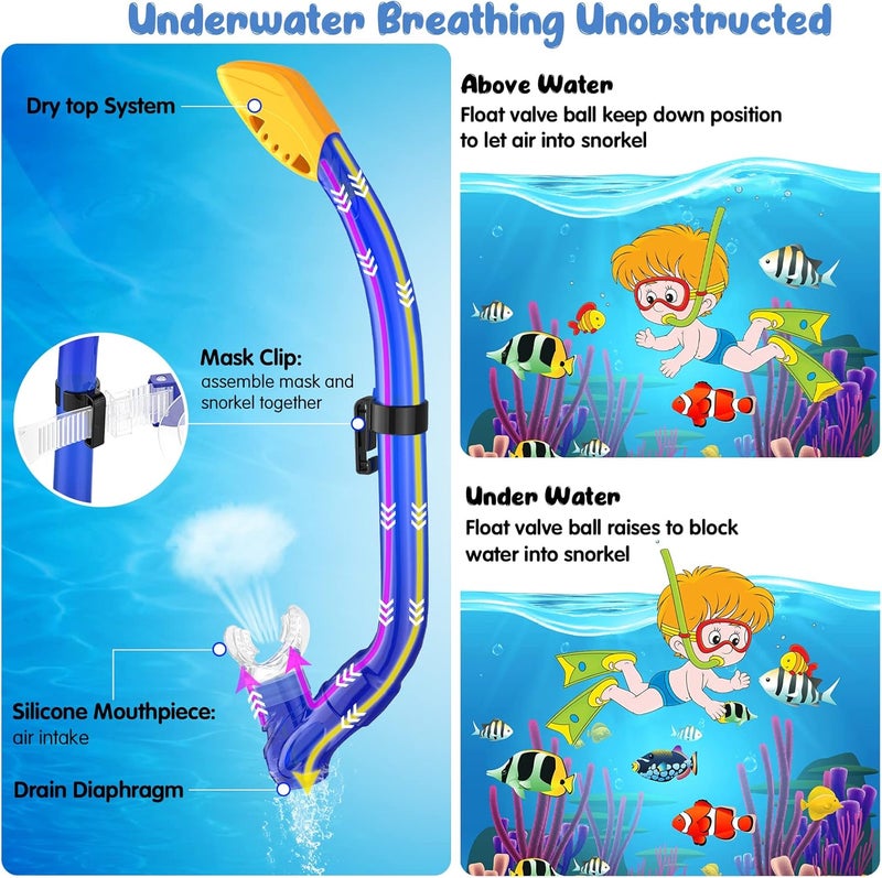 Seovediary Kids Snorkel Set, Mask Fins Snorkeling Gear for Kids Anti-Fog Swim Goggles 180 Panoramic View Dry Top Snorkel and Dive Flippers Combo with Travel Bag for Snorkeling Training Swimming Diving - Image 3